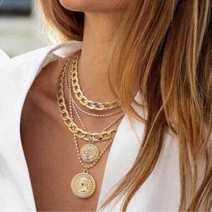 Runway Chic Chunky Gold Multi Layered Medallion Choker Necklace NWT